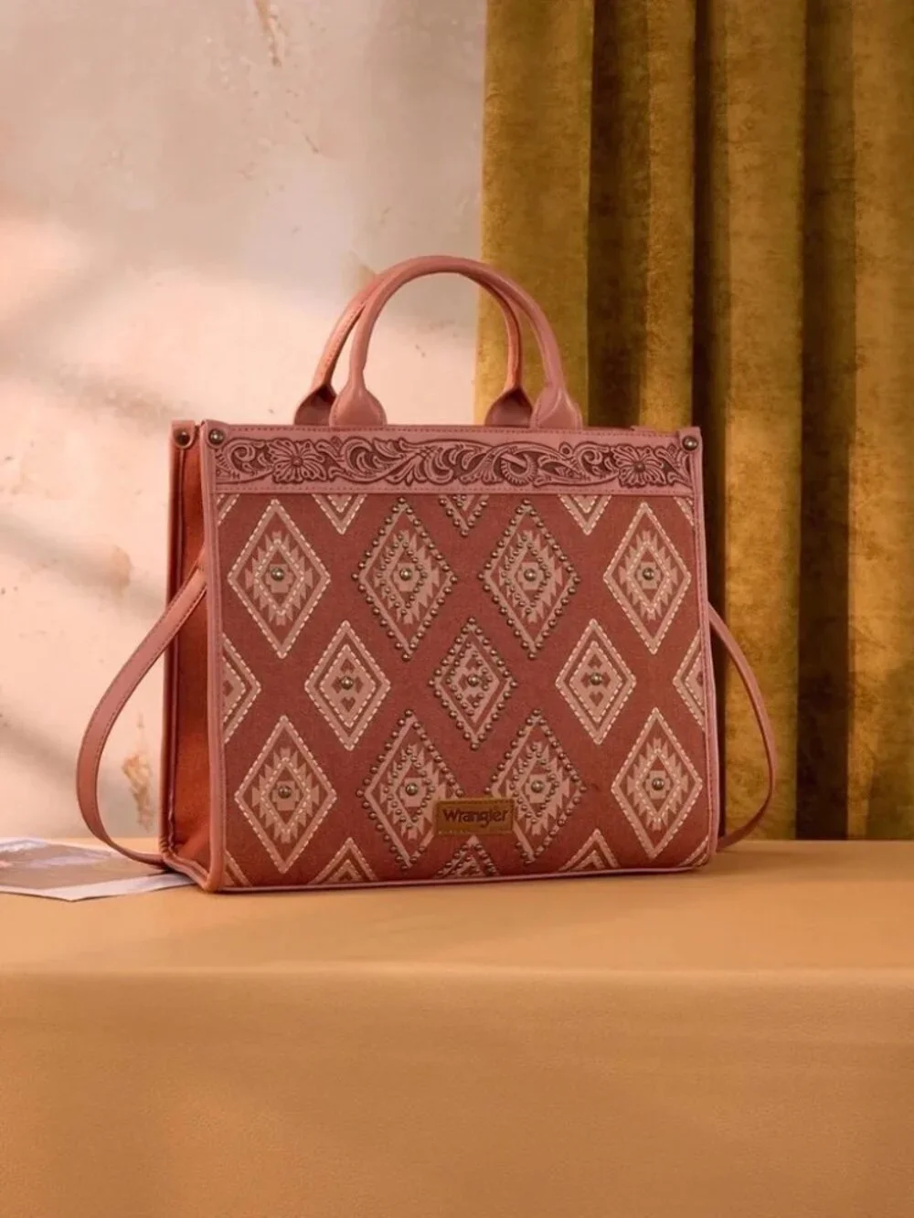 Wrangler Aztec Studded Denim Tote & Crossbody Bag- Pink